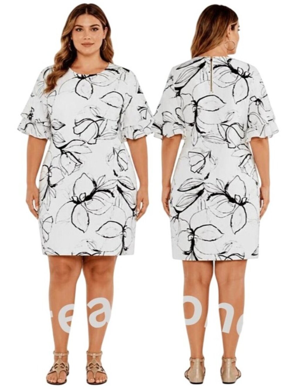 Vince Camuto White Black Floral Layered Ruffle Flutter Sleeve Mini Dress Size 16